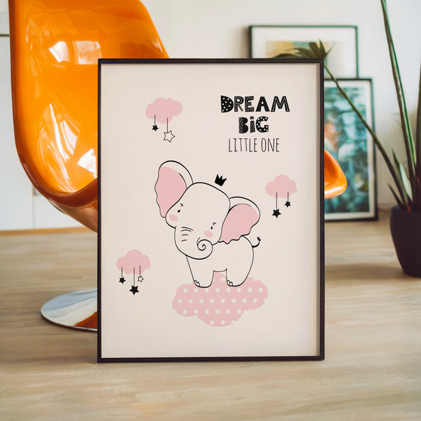 Petit éléphant rêveur doodle rose et noir — Poster HP mat