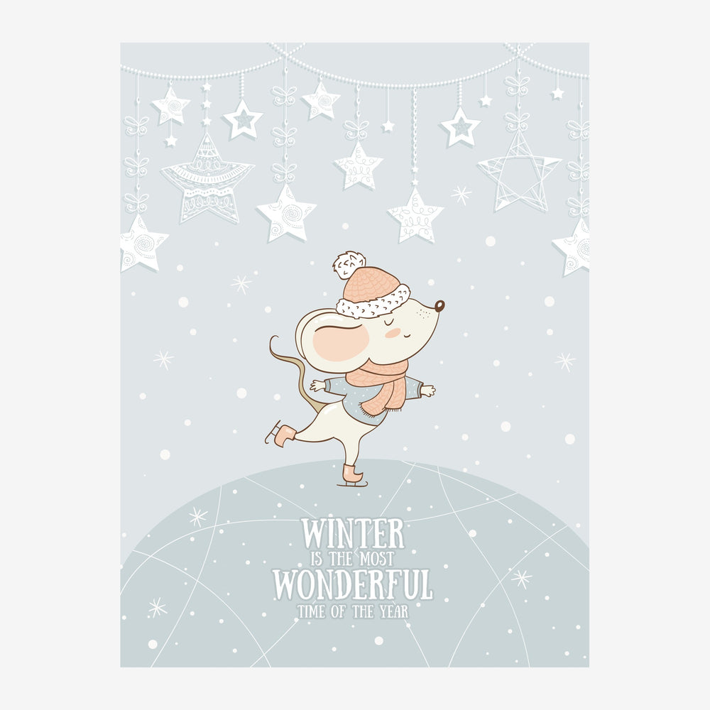 Une petite fille danse sur un globe terrestre entourée d'étoiles blanches suspendues et de flocons de neige, sur fond gris.