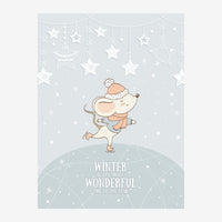 Une petite fille danse sur un globe terrestre entourée d'étoiles blanches suspendues et de flocons de neige, sur fond gris.
