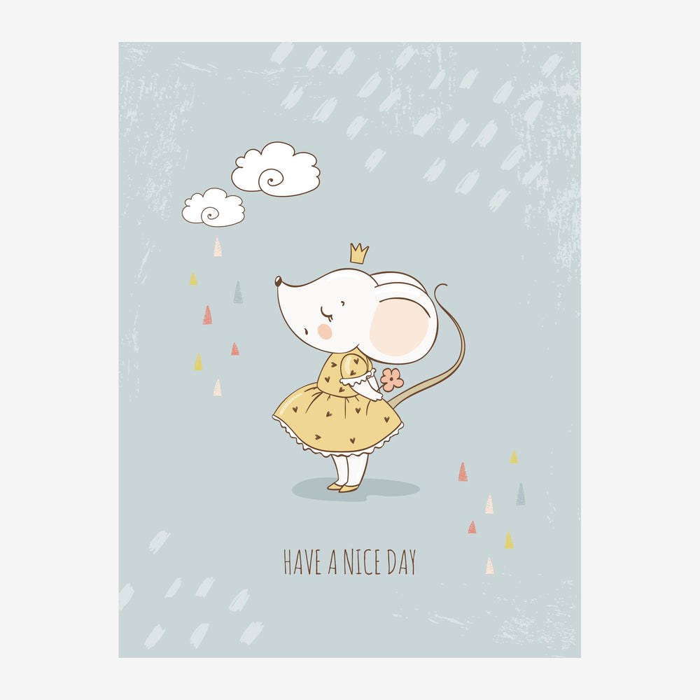 Illustration d'une souris portant une couronne et une robe jaune, tenant une fleur, entourée de nuages et de pluie sur un.