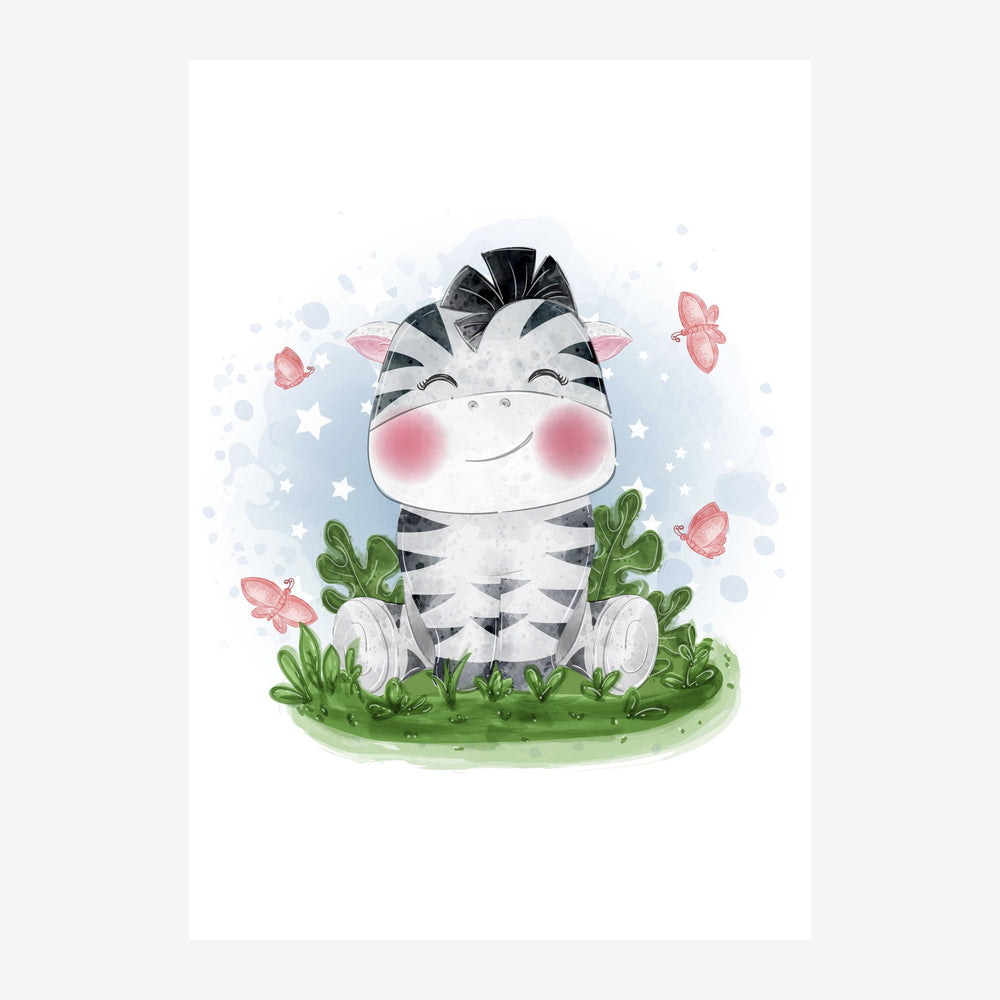 Illustration d'un jeune zèbre blanc et noir avec un sourire heureux, assis dans l'herbe verte, entouré de fleurs roses et.