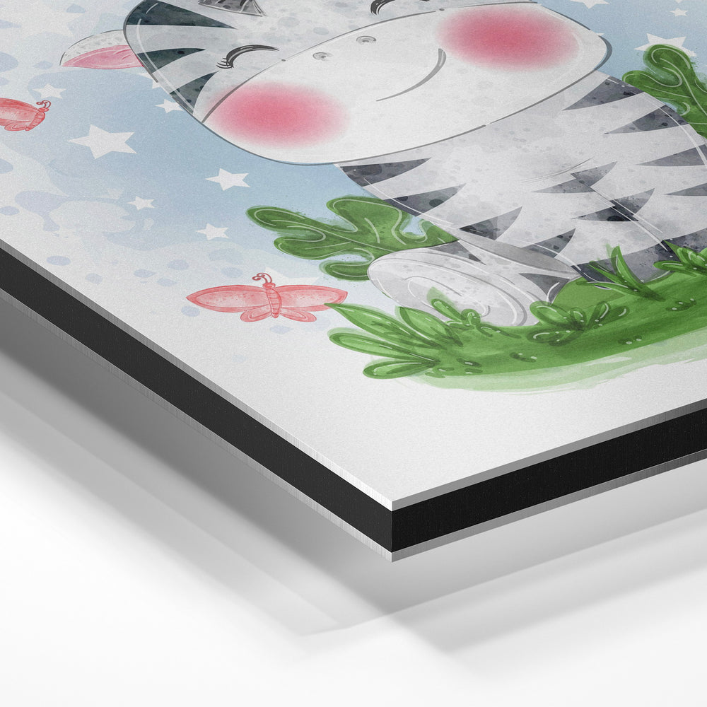 Gros plan de la matière : le tirage contrecollé sur aluminium Dibond mat, tranche visible.