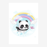 Un petit panda aux ailes blanches sourit devant un arc-en-ciel pastel, entouré de petites touches colorées et de nuages.