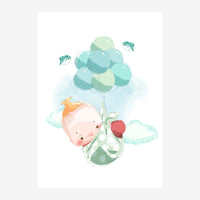 Illustration avec une fleur enfant rose tendre portant un sourire doux, entourée de ballons turquoise pâles et verts, avec.