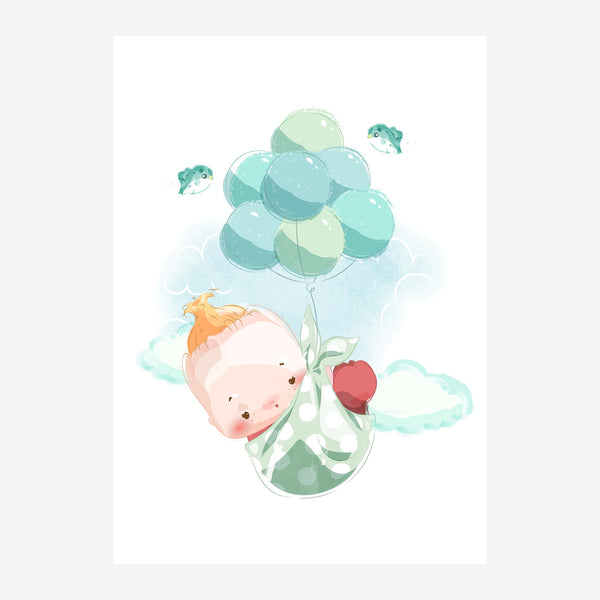 Fleur enfant et ballons turquoise, style conte — Toile sur châssis