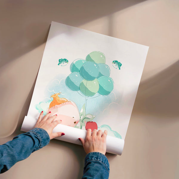 Fleur enfant et ballons turquoise, style conte — Poster HP mat