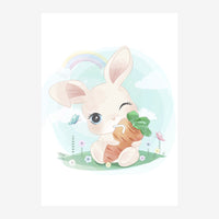 Illustration d'un petit lapin blanc assis, tenant une carotte entre ses pattes, entouré de fleurs et de papillons avec un.