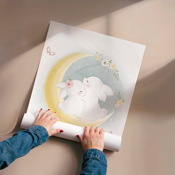 Lapins blanc et gris sur la lune, style bohème — Poster HP mat