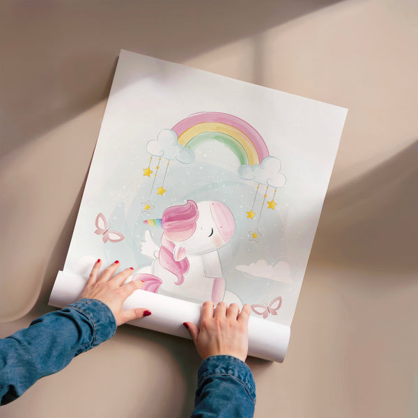 Licorne rose et arc-en-ciel, style doodle — Poster HP mat