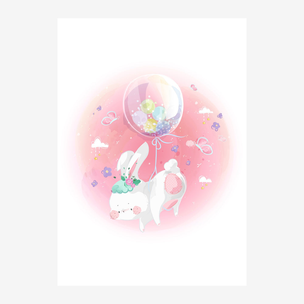 Une petite lapine blanche tient des ballons transparents remplis de confettis colorés, entourée de nuages, papillons et.