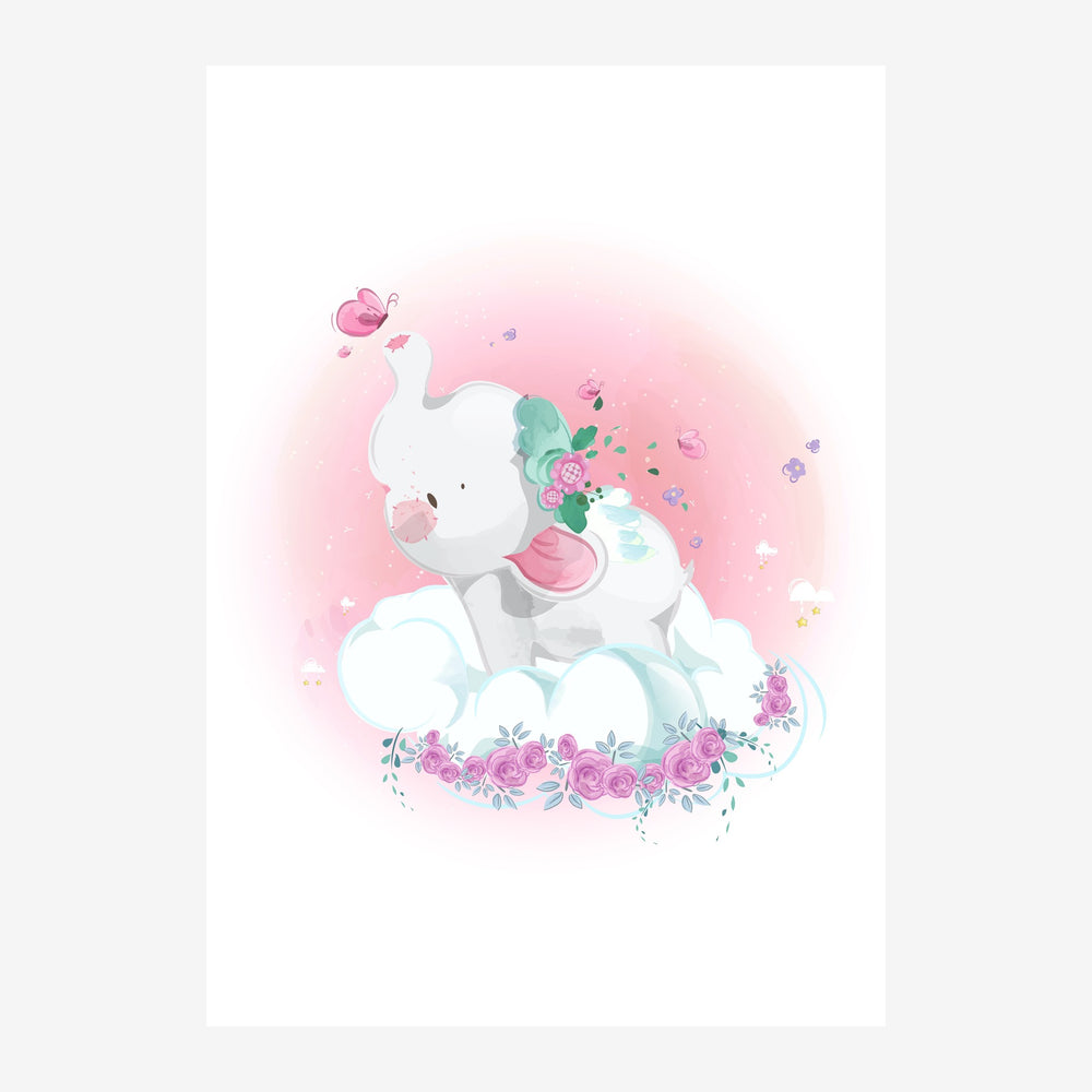 Illustration d'un éléphant blanc assis entouré de fleurs roses, de feuillages verts et de petits détails floraux sur fond.