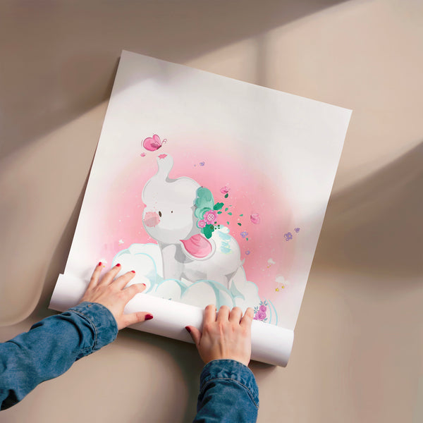 Éléphant blanc et roses, illustration bohème — Poster HP mat