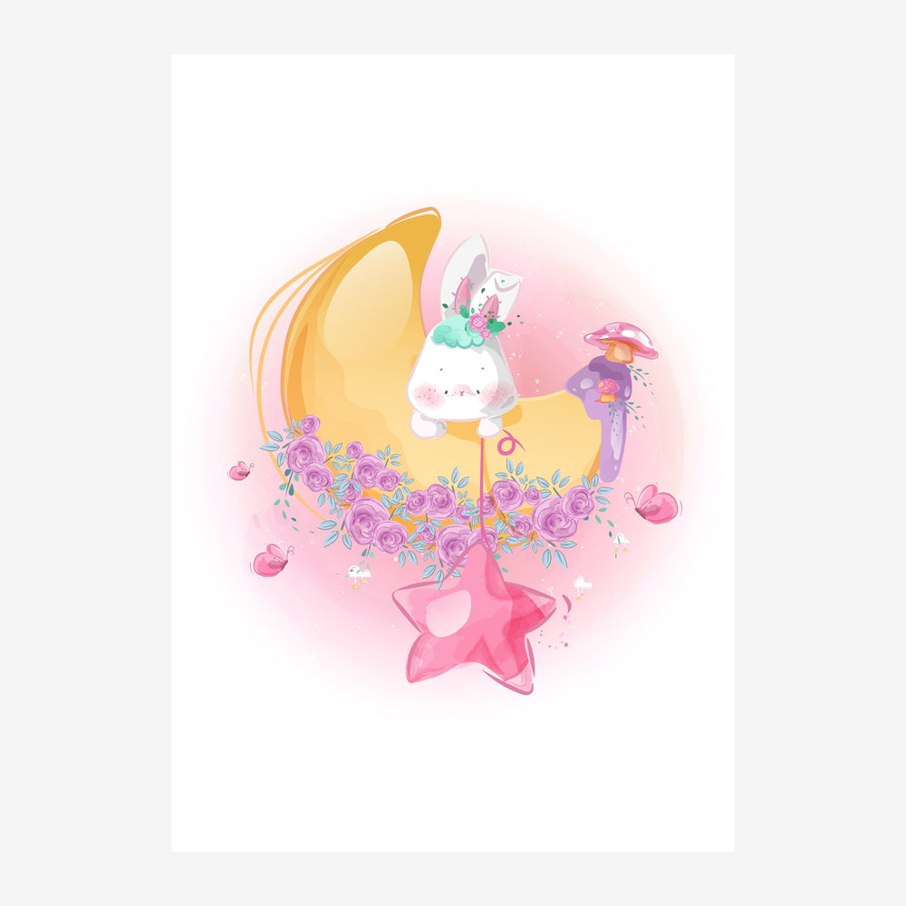 Licorne blanche avec couronne florale rose et violette, debout sur une étoile rose, entourée de cœurs et de roses, sur fond.
