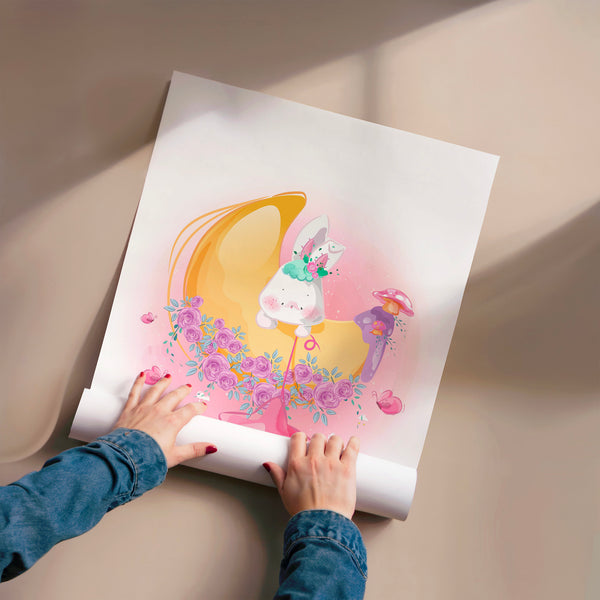 Licorne rose et or sur étoile, style doodle kawaii — Poster HP mat