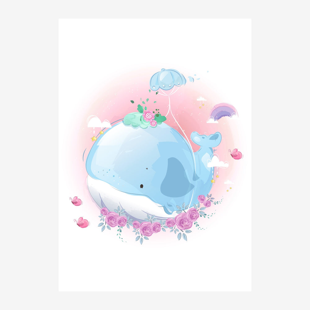 Illustration d'une baleine bleu ciel avec une couronne de roses roses, entourée de nuages, d'un parachute et de fleurs, sur.
