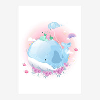 Illustration d'une baleine bleu ciel avec une couronne de roses roses, entourée de nuages, d'un parachute et de fleurs, sur.