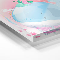 Gros plan de la matière : le tirage sous verre acrylique, tranche transparente visible.