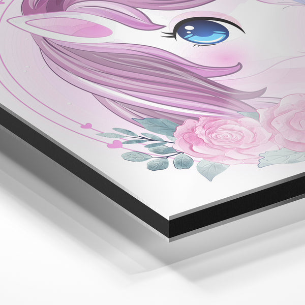 Licorne rose et roses, illustration doodle — Aluminium Dibond relief 3D