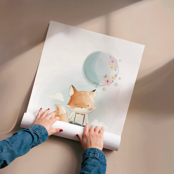 Renard et ballon de fleurs, illustration douce — Poster HP mat