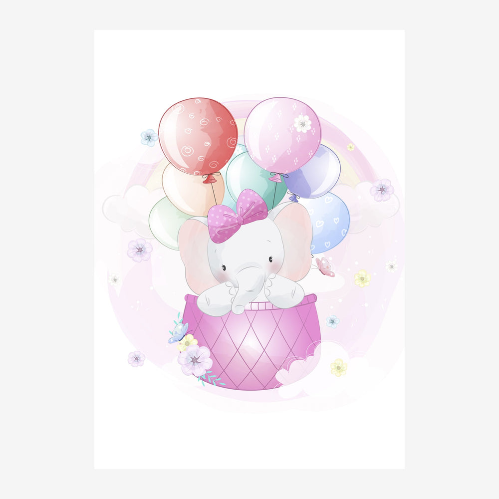 Un petit éléphant blanc avec un nœud rose vole dans une nacelle rose attachée à plusieurs ballons colorés pastels, entouré.