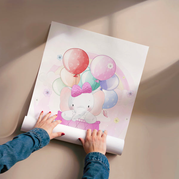 Petit éléphant blanc et ballons rose pastel — Poster HP mat