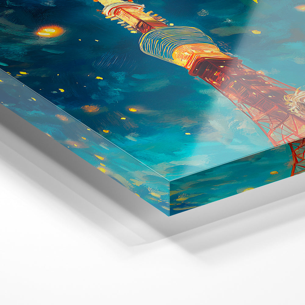 Gros plan de la matière : le tirage sous verre acrylique, tranche transparente visible.