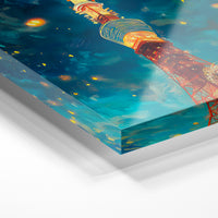 Gros plan de la matière : le tirage sous verre acrylique, tranche transparente visible.