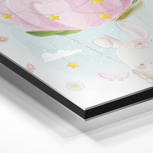 Lapin blanc dans montgolfière rose pastel — Aluminium Dibond relief 3D