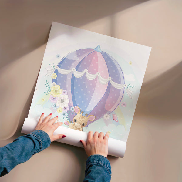Girafe dans les nuages, affiche enfant pastel — Poster HP mat