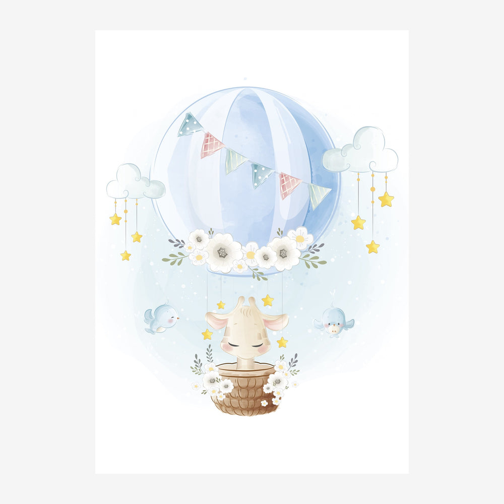 Illustration d'une montgolfière bleu ciel avec un lapin dans une corbeille, entourée de nuages blancs, d'étoiles dorées et.