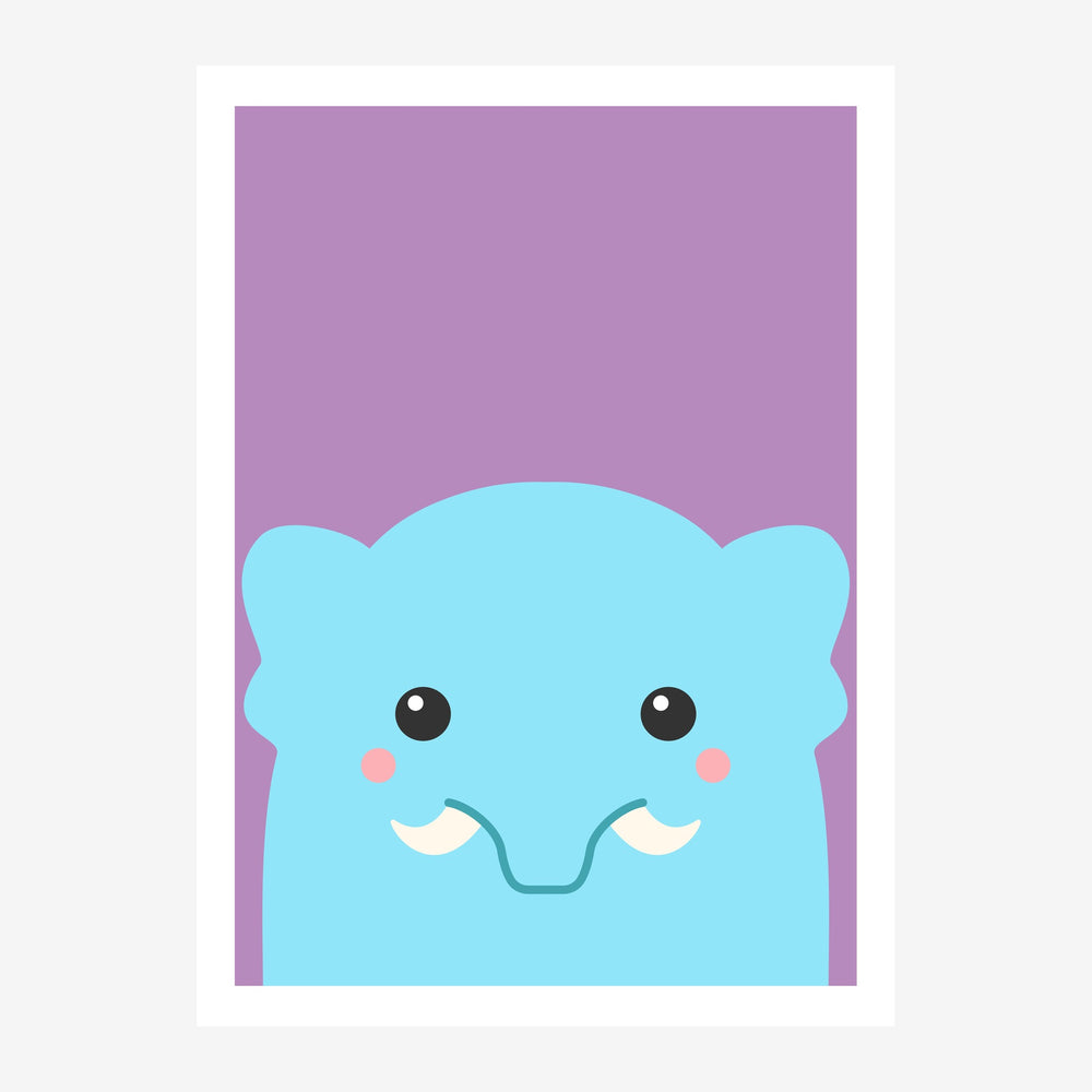 Un chat bleu ciel aux yeux noirs et joues roses sourit sur un fond violet mauve, dans un style doodle pop-art simplifié.
