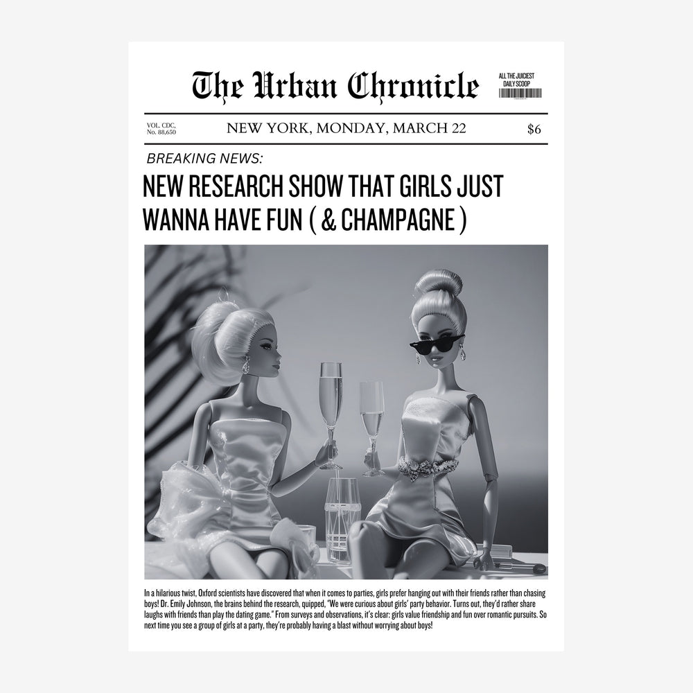 Couverture de journal en noir et blanc intitulée « The Urban Chronicle » montrant deux poupées vêtues de robes blanches qui.