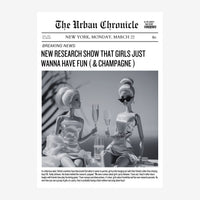 Couverture de journal en noir et blanc intitulée « The Urban Chronicle » montrant deux poupées vêtues de robes blanches qui.