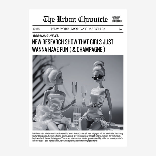 Couverture de journal en noir et blanc intitulée « The Urban Chronicle » montrant deux poupées vêtues de robes blanches qui.