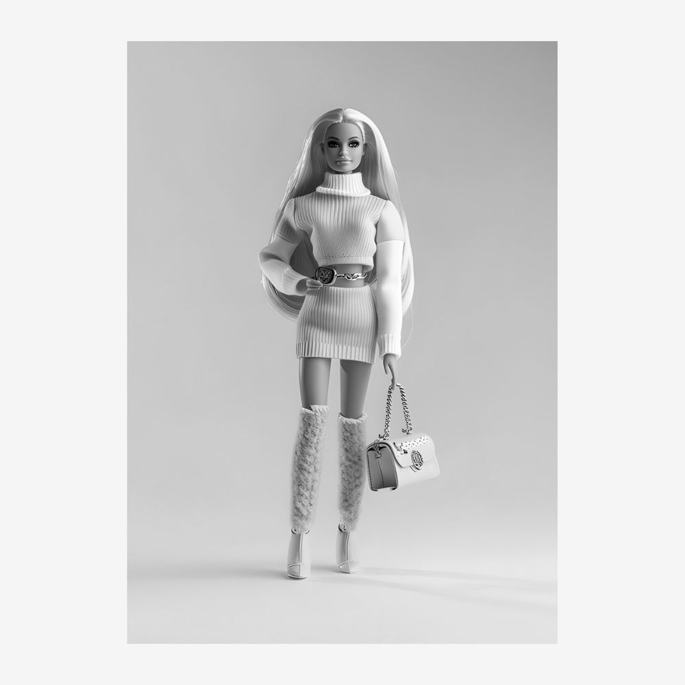 Portrait noir et blanc d'une poupée mannequin en pull côtelé blanc, jupe courte grise, bottes fourrure grise, tenant un sac.