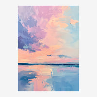 Peinture abstraite d'un coucher de soleil sur la mer, avec un ciel rose, bleu et or se reflétant dans l'eau en teintes.
