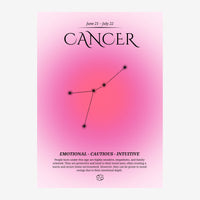 Affiche rose présentant le mot « Cancer » en haut, une constellation en points et lignes noirs au centre, et des textes.