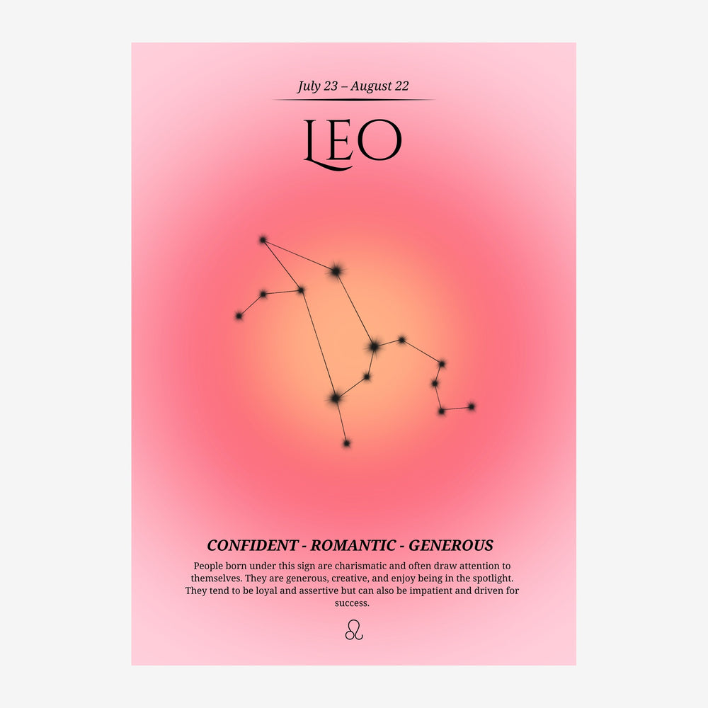 Affiche pop-art avec le mot « LEO » en haut, la constellation du lion tracée au centre sur fond dégradé rose-orange, et une.