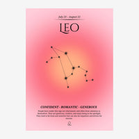 Affiche pop-art avec le mot « LEO » en haut, la constellation du lion tracée au centre sur fond dégradé rose-orange, et une.