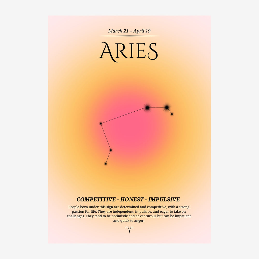 Affiche astrologique présentant le signe du Bélier avec constellation en points et traits, dates du 21 mars au 19 avril, sur.