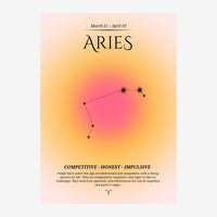 Affiche astrologique présentant le signe du Bélier avec constellation en points et traits, dates du 21 mars au 19 avril, sur.