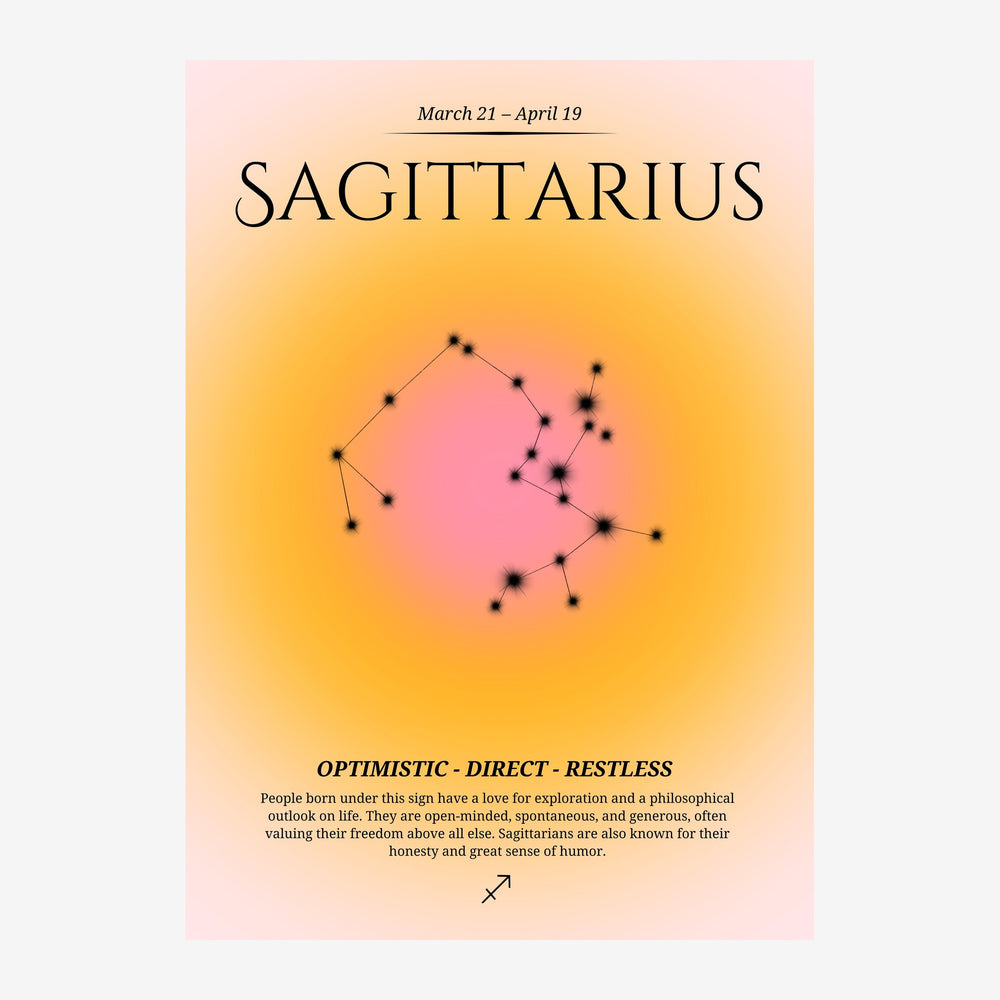 Affiche du Sagittaire montrant une constellation rose en pointillés reliés sur fond dégradé or et pêche.