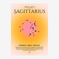 Affiche du Sagittaire montrant une constellation rose en pointillés reliés sur fond dégradé or et pêche.