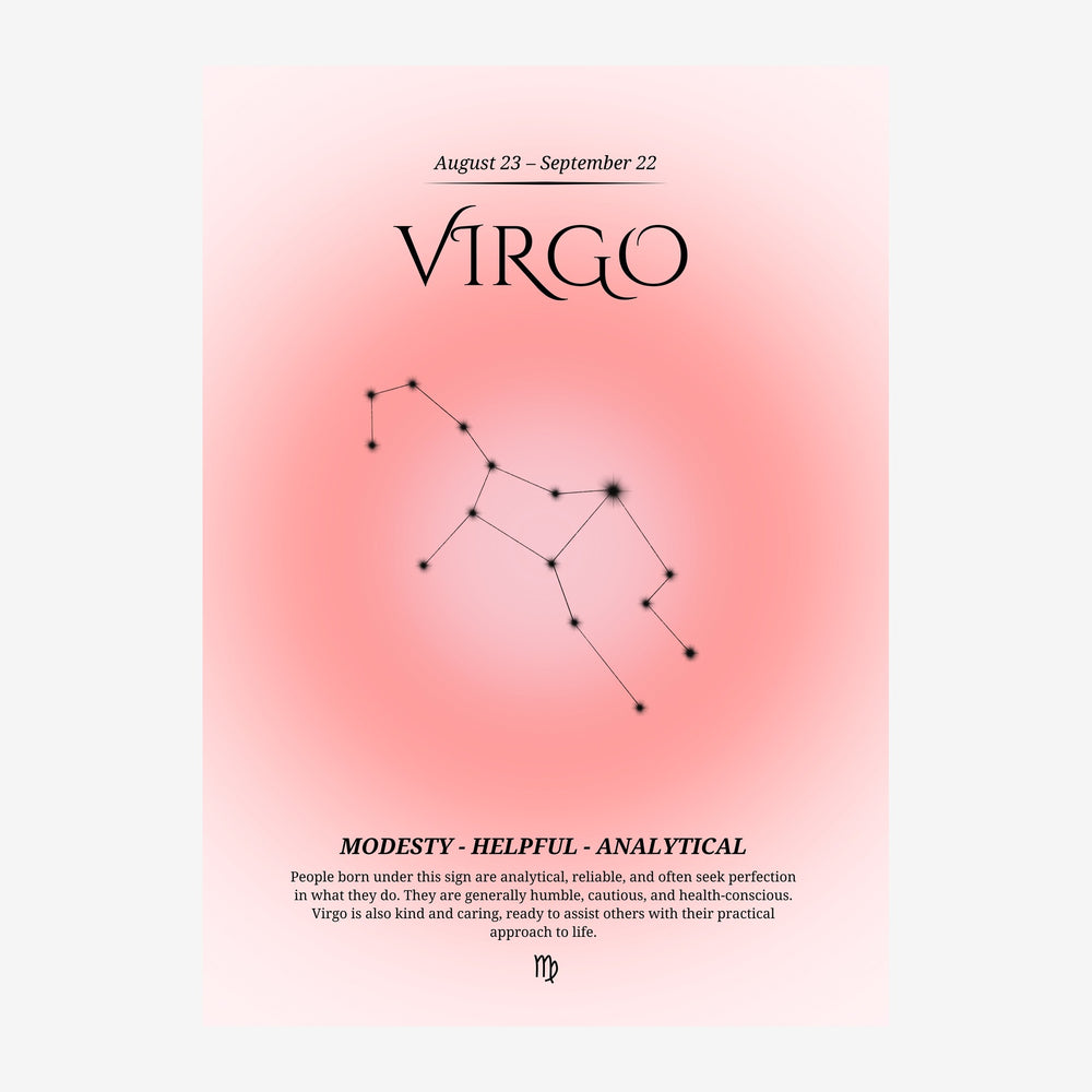 Affiche astrologique rose représentant la constellation de la Vierge en lignes et points noirs sur dégradé de rose pastel.