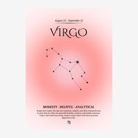 Affiche astrologique rose représentant la constellation de la Vierge en lignes et points noirs sur dégradé de rose pastel.