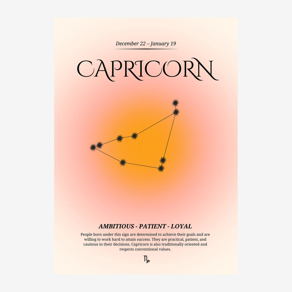 Affiche du signe du Capricorne : constellation géométrique tracée en lignes noires avec points, sur fond de dégradé rose et.