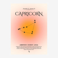 Affiche du signe du Capricorne : constellation géométrique tracée en lignes noires avec points, sur fond de dégradé rose et.