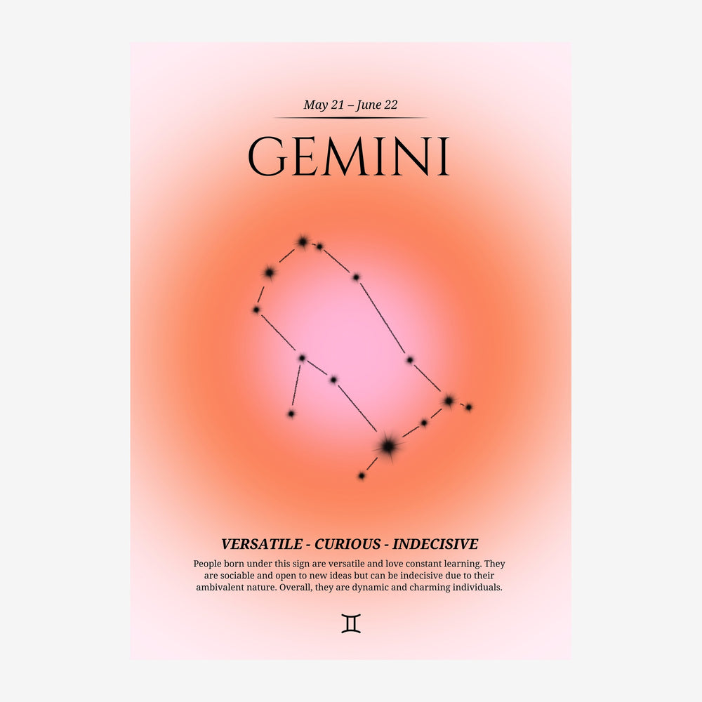 Affiche zodiacale rose et corail montrant la constellation des Gémeaux en points et lignes au centre, encadrée de texte.
