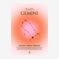 Affiche zodiacale rose et corail montrant la constellation des Gémeaux en points et lignes au centre, encadrée de texte.