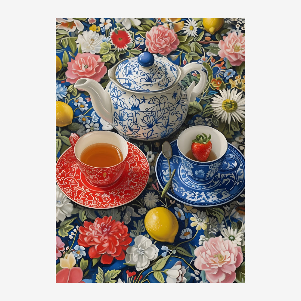 Une théière blanche à décor bleu et blanc, deux tasses de thé assorties en rouge et bleu, des citrons et une fraise.